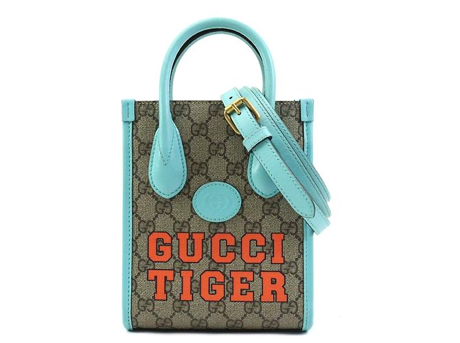 Borsa Satchel Gucci Mini GG Supreme Web Tiger Retro Interlocking G Blu