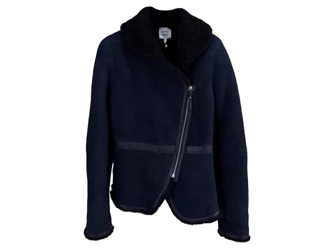 Hermès Shearling Coat Navy Blue Size 38