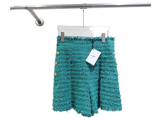 Short Saia Balmain em Tweed Verde Multicor