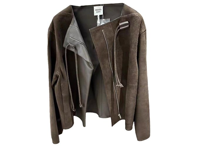 Hermès Leather Coat Khaki Size 38