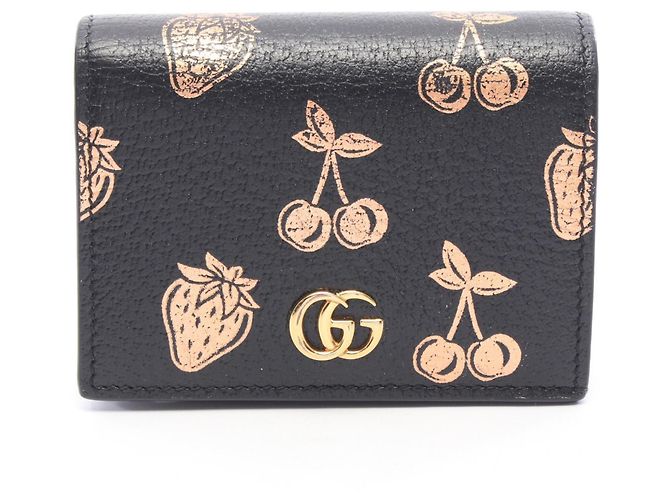 Cartera bi-fold Gucci Petite Marmont GG Fruit Pattern Negro Dorado