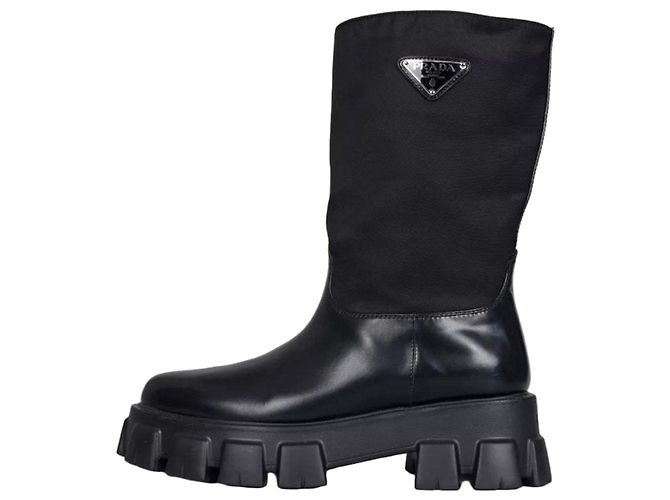 Prada Monolith Black Leather Boots with Silver-Tone Logo - EU 39 Pre-owned