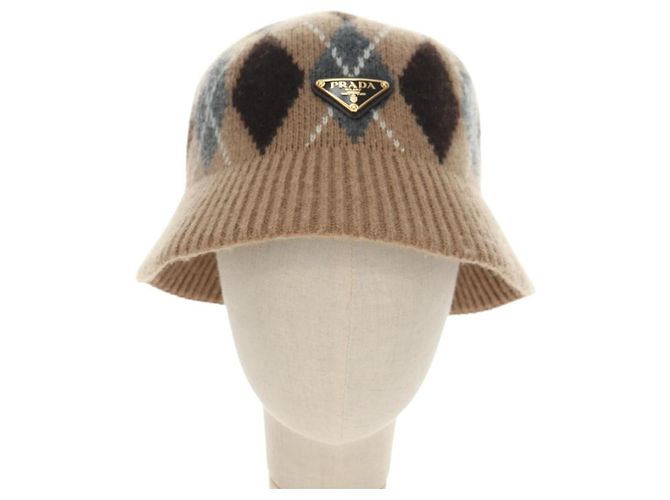Prada Triangle Logo Bucket Hat Wool & Cashmere Beige