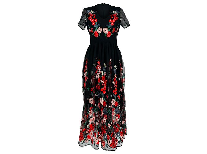 Robe midi Maje Raphael brodée de fleurs en polyester noir