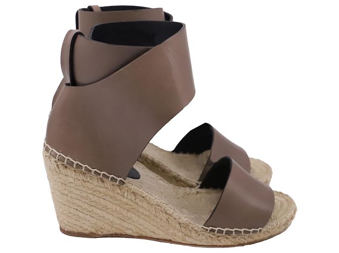 Céline  Celine Ankle Strap Espadrille Wedge Sandals in Brown Leather