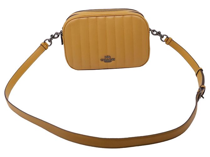 Bolsa Camera Coach Jes acolchoada com zíper duplo em couro amarelo