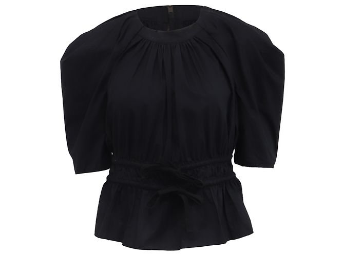 Ulla Johnson Puffed-Sleeve Tie-Waist Blouse in Black Cotton