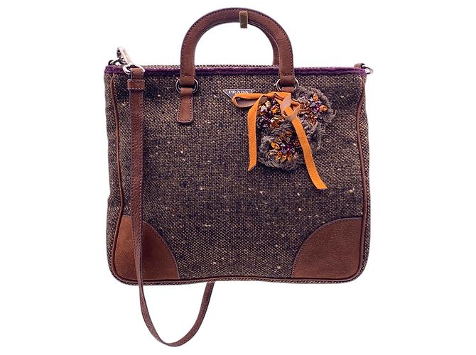 Prada Borsa Tote 2Way a tracolla in tweed marrone e camoscio con cristalli