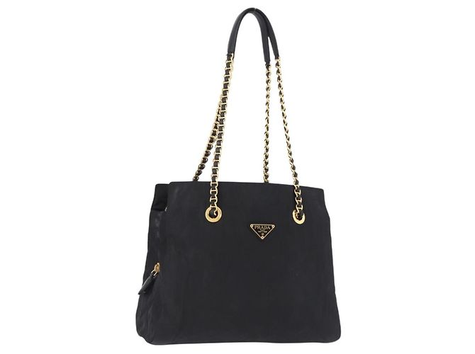 PRADA Chain Shoulder Bag Nylon Black Gold Tone