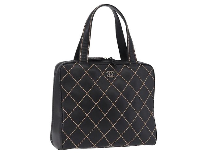 CHANEL Wild Stitch Hand Bag Leather Black CC