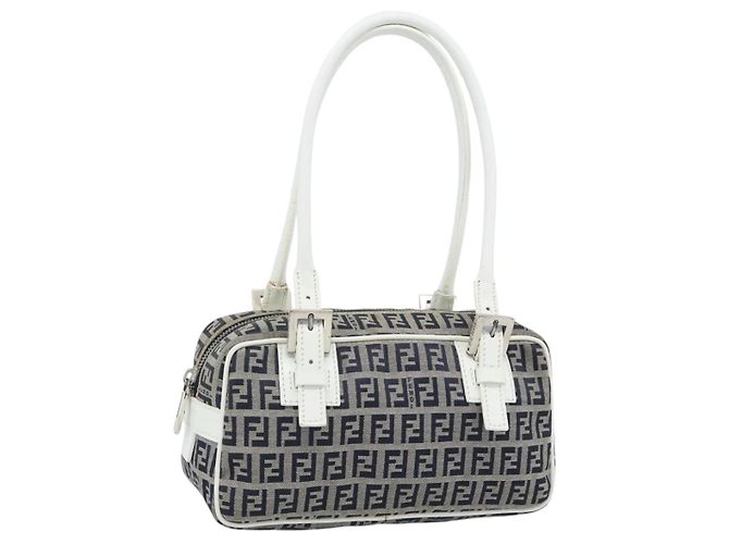 FENDI Zucchino Canvas Hand Bag Navy Silver