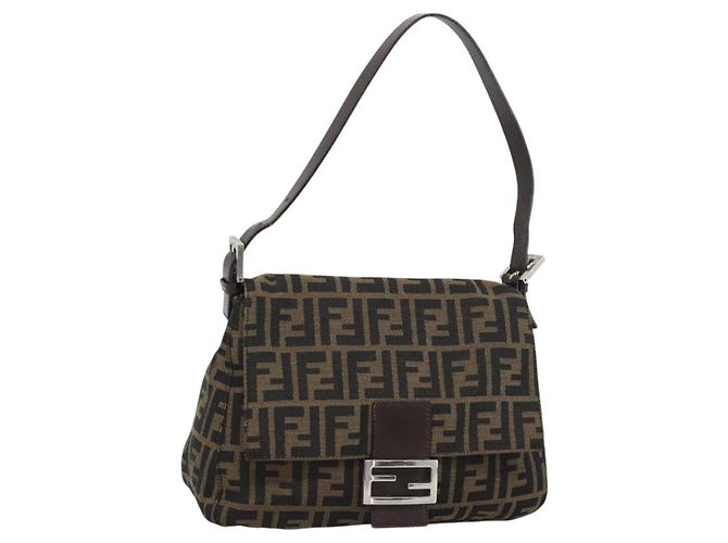 FENDI Zucca Canvas Mamma Baguette Shoulder Bag Brown Silver
