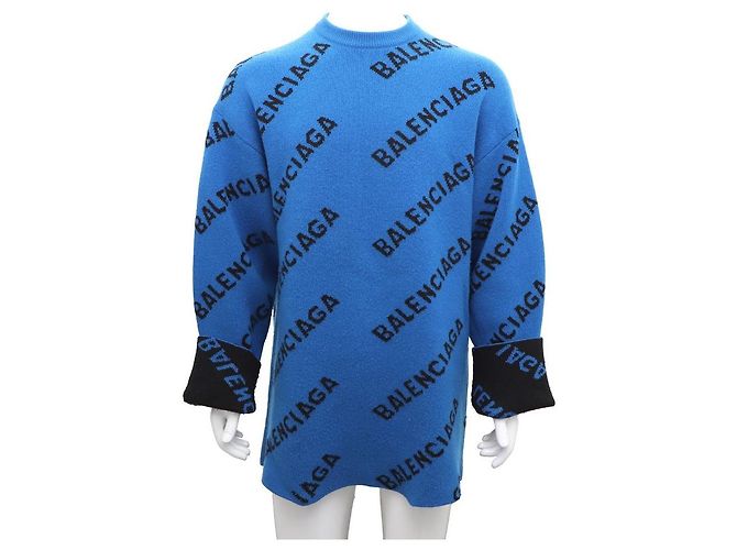 Balenciaga Pull en maille de laine oversize col rond à logo contrasté intégral Bleu