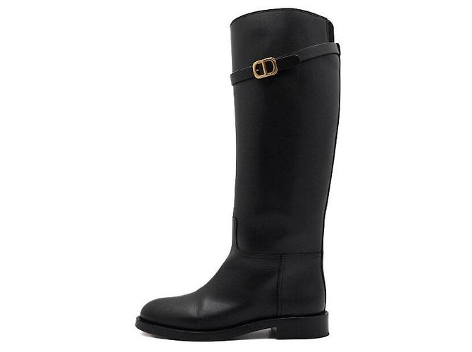 Autre Marque Black Leather Long Boots with CD Buckle
