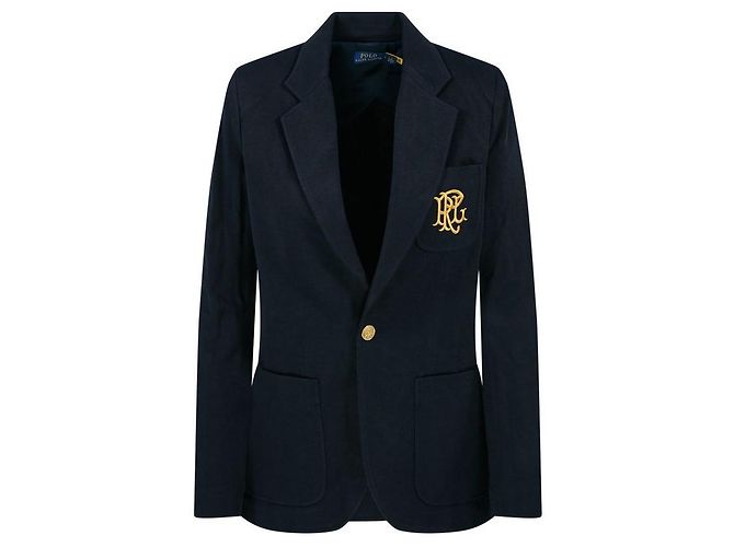 Ralph Lauren Logo Embroidered Gold Button Blazer Jacket Navy Blue