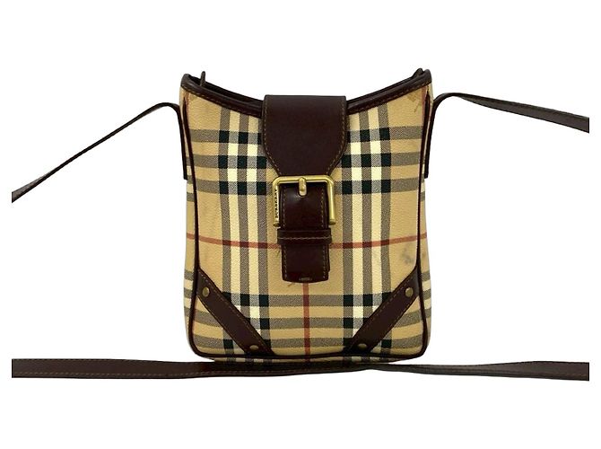 Bolso de hombro de cuero Burberry Nova Check Shadow Horse Pattern Castaño Beige