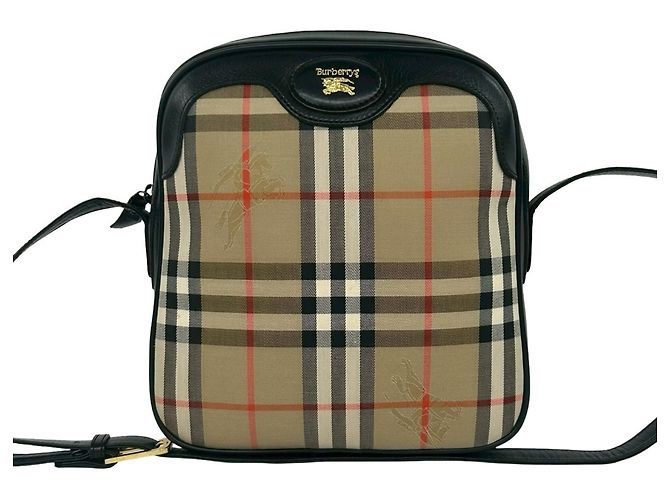 Burberry Shadow Horse Logo Nova Check Pattern Shoulder Bag Black Beige