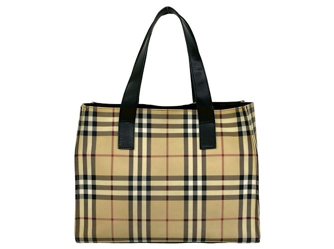 Borsa tote in pelle Burberry Nova Check Pattern Nero Beige