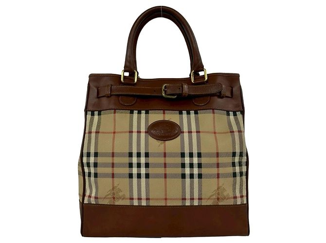Borsa Tote in pelle Burberry Nova Check Shadow Horse Pattern Marrone Beige