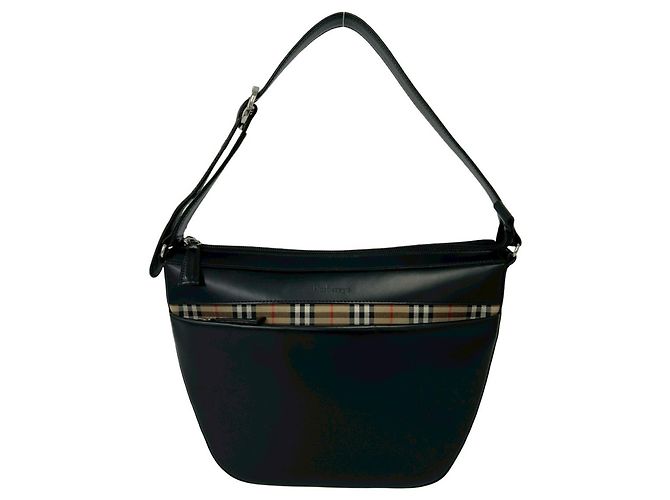 Burberry Vintage Nova Check Pattern Leather Shoulder Tote Black Beige