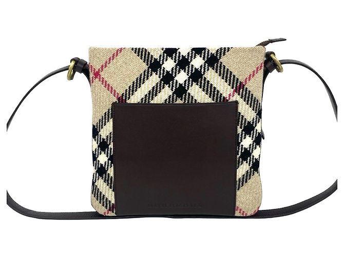 Bolsa de Ombro Burberry Nova Check em Couro e Lã Marrom Bege