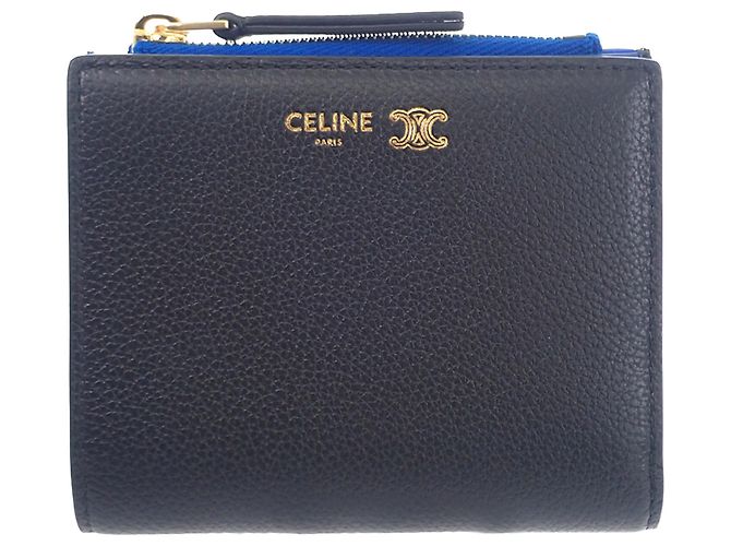 Céline Carteira Compacta Triomphe Celine em Pele de Bezerro Grão Macia Preta Preto