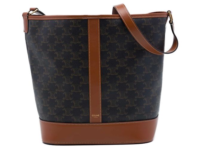 Céline Bolso Bucket Celine Medium Triomphe de Lona Recubierta Marrón Castaño Marrón oscuro