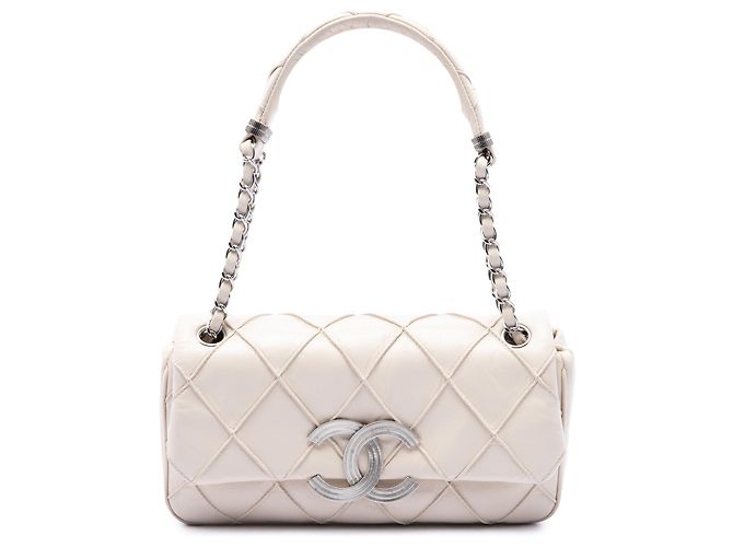 Chanel White CC Double Stitch Lambskin Single Flap Weiß Roh