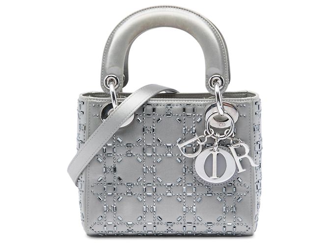 Autre Marque Mini Lady Dior em cetim cinza com cannage e cristais Dior Marrom