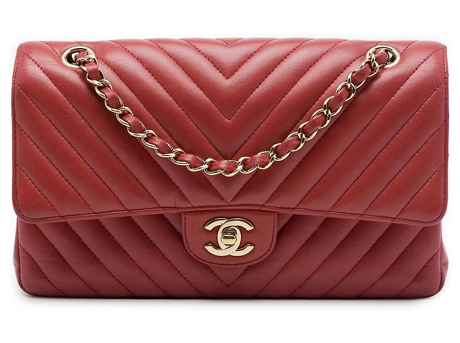 Chanel Red Medium Classic Chevron Lambskin Double Flap Roja