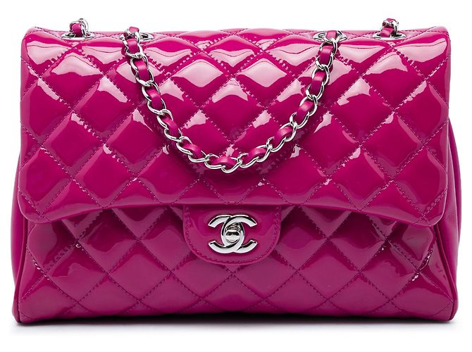 Chanel Pink Large CC Quilted Patent Double Compartment Flap Rosa