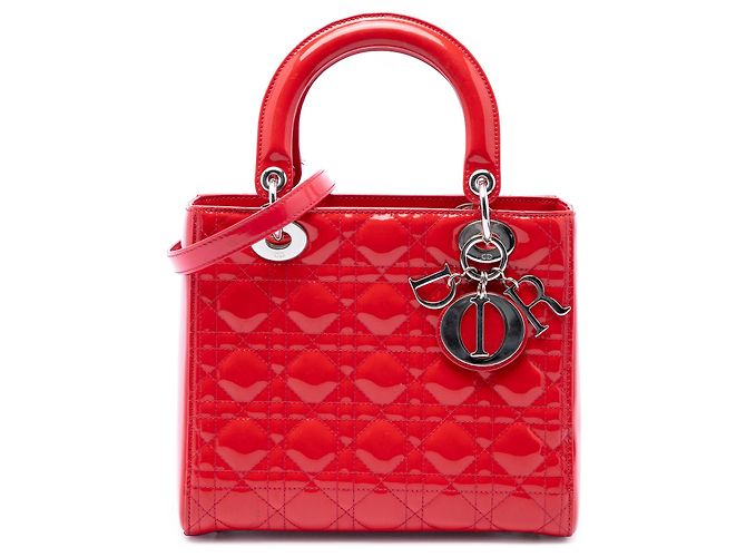 Autre Marque Dior Red Medium Patent Cannage Lady Dior Rouge