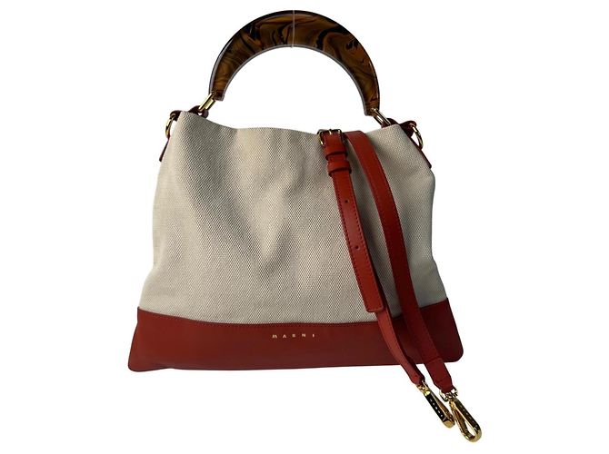 Marni Venice Canvas 2-Way Handtasche Rot Beige Orange