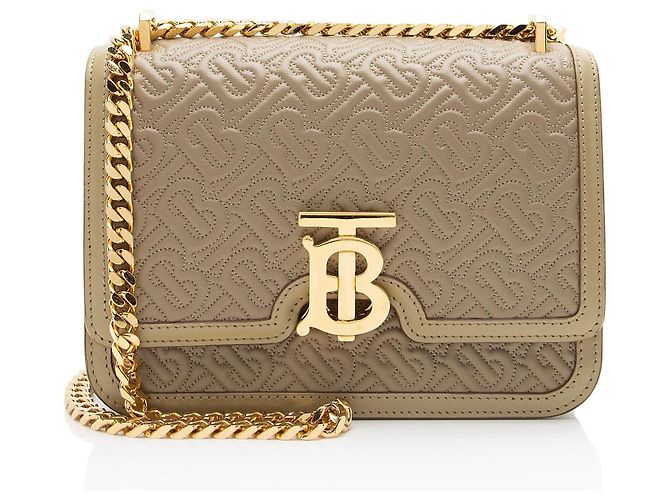 Bolsa de Ombro Small com Aba e Corrente em Couro com Relevo Burberry TB Monogram Marrom Bege
