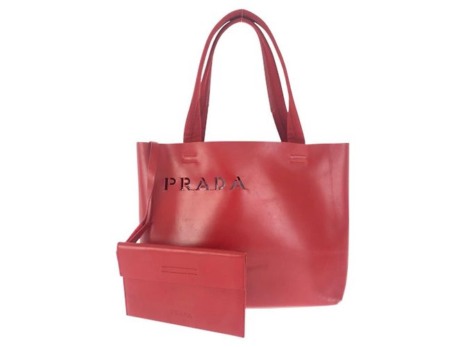 Prada Perforated Leather Suede Tote Red