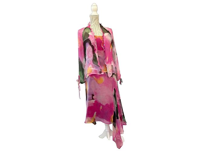 Autre Marque Conjunto de seda vestido e casaco estampado floral Gérard Pasquier Rosa Multicor Verde Roxo Amarelo