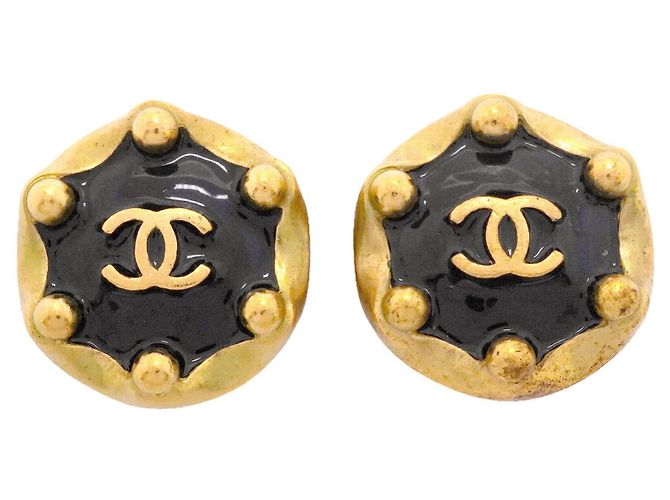 Brincos de pressão Chanel pretos e dourados