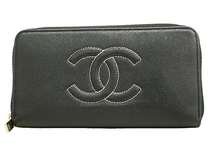 Cartera larga Chanel de piel de becerro granulada negra Negro