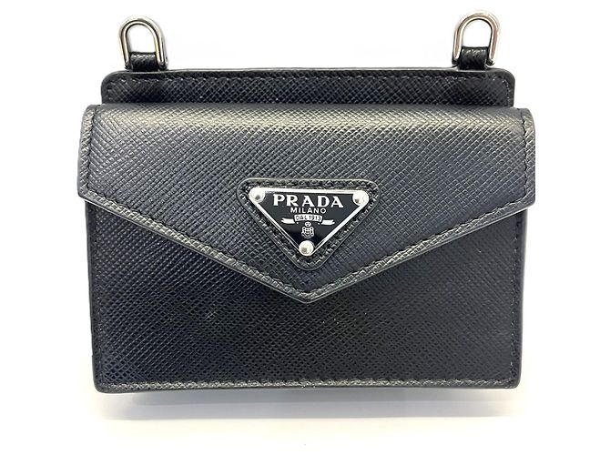 Prada Saffiano Leather Card Case with Shoulder Strap Black