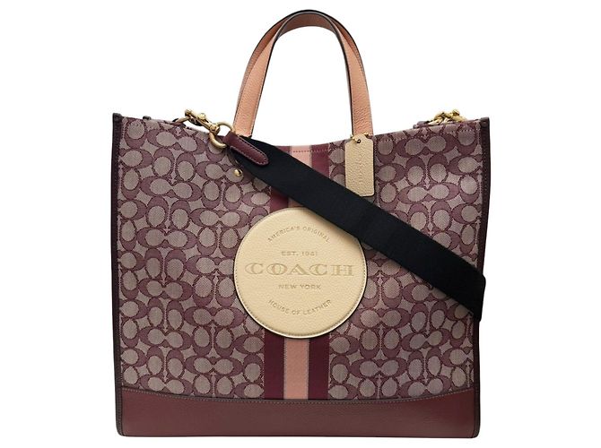 COACH Dempsey Jacquard Multi-Wine Tote Bag Beige Dark red