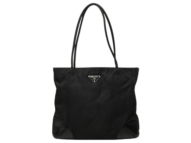 Prada Triangle Logo Plate Tote Bag Black