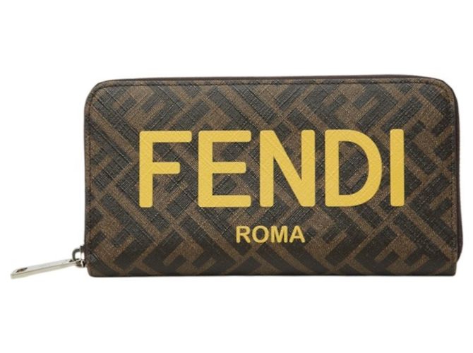 Fendi Zucca Round Zip Long Wallet Brown Yellow