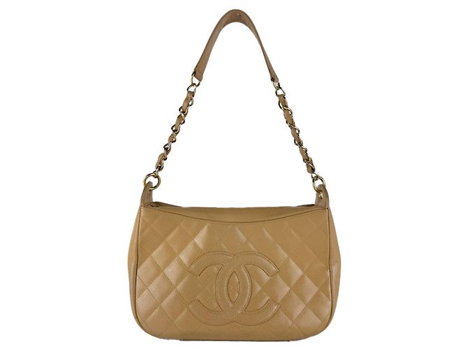 Bolsa de ombro Chanel em couro de bezerro granulado bege