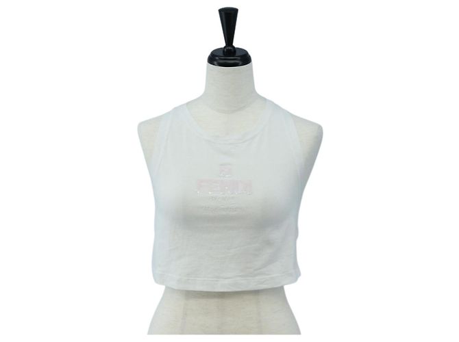 FENDI Canotta Cropped in Cotone Bianco Rosa Auth 202322M