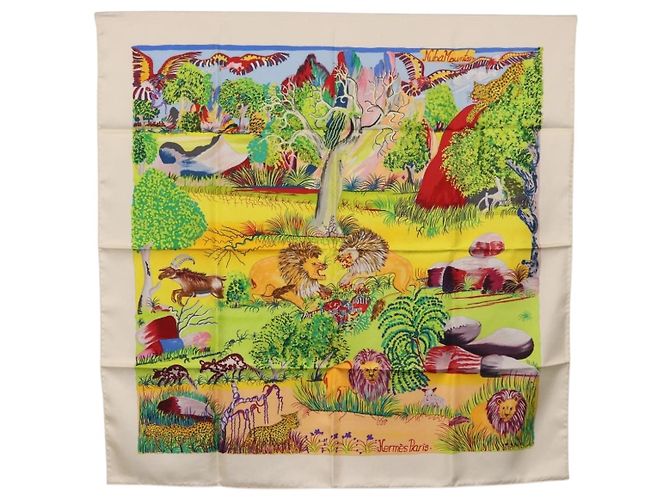 Hermès Lenço HERMES Carre 90 de Seda "Nuba Mountain" Ivory Auth 200116M Cru