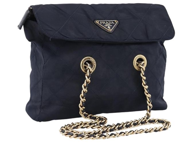 Bolsa de Ombro com Corrente PRADA Nylon Navy Tom Dourado Auth 201216 Azul marinho