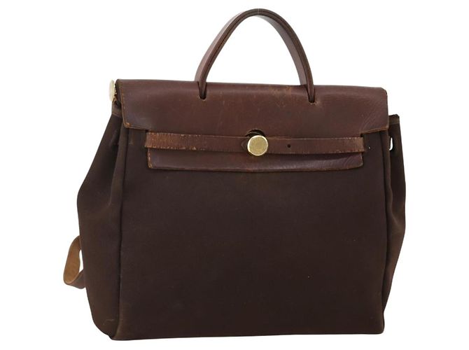 Hermès HERMES Herbag Ad Backpack Canvas 2way Brown Gold Tone Auth 202155