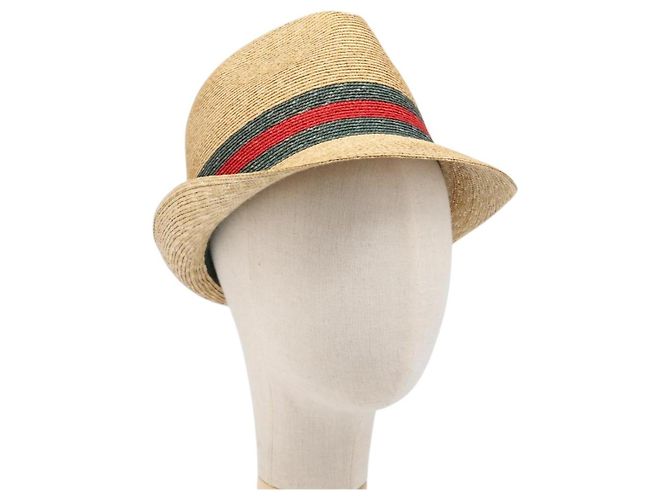 Cappello GUCCI Web Sherry Line Straw Beige Auth BA15635V