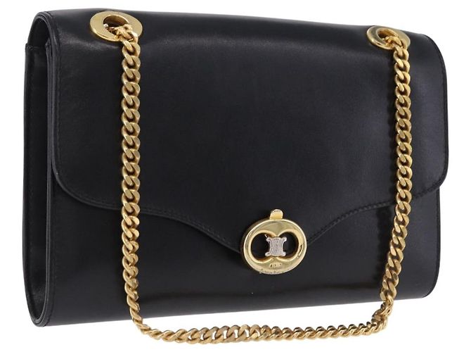 Céline Bolsa de Ombro com Corrente CELINE em Couro Preto e Ouro Auth mr2876A Dourado