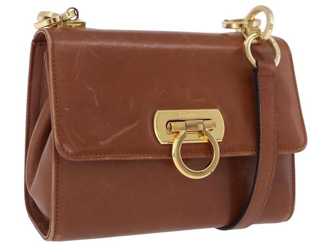 Borsa a tracolla Salvatore Ferragamo Gancini in pelle marrone e oro Auth 202457 D'oro